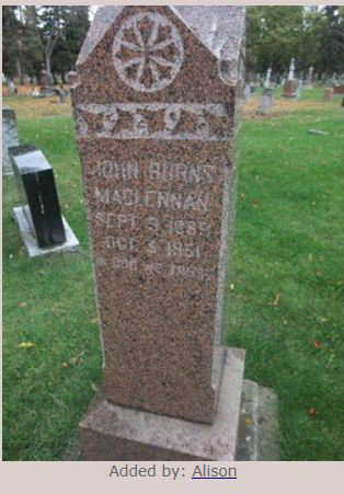 Photo of headstones/John Burns Maclennan d1951 hdstn EdmontonAB